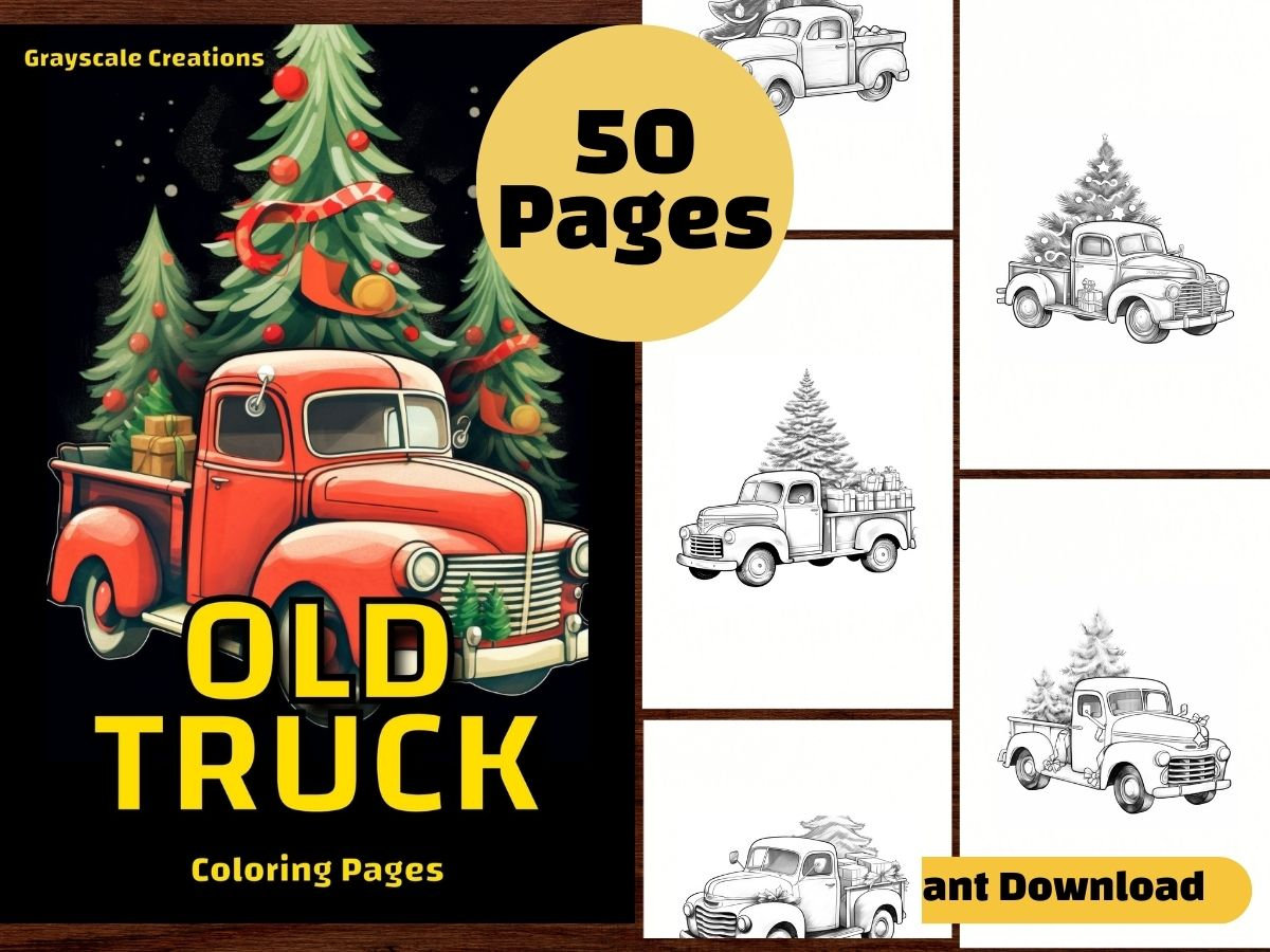 Christmas old truck coloring page book snow tree vehicle winter festive holiday printable pdf sheets grayscale coloring adults kid instant download