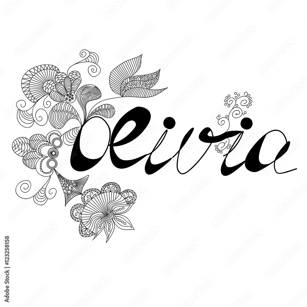The inscription of the female name olivia with a beautiful floral pattern in doodles style printing style on t