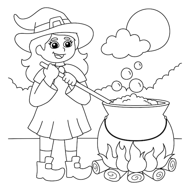 Premium vector witch potion pot halloween coloring page for kids