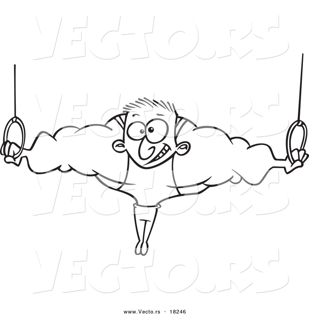 R of a cartoon strong olympic man on the rings