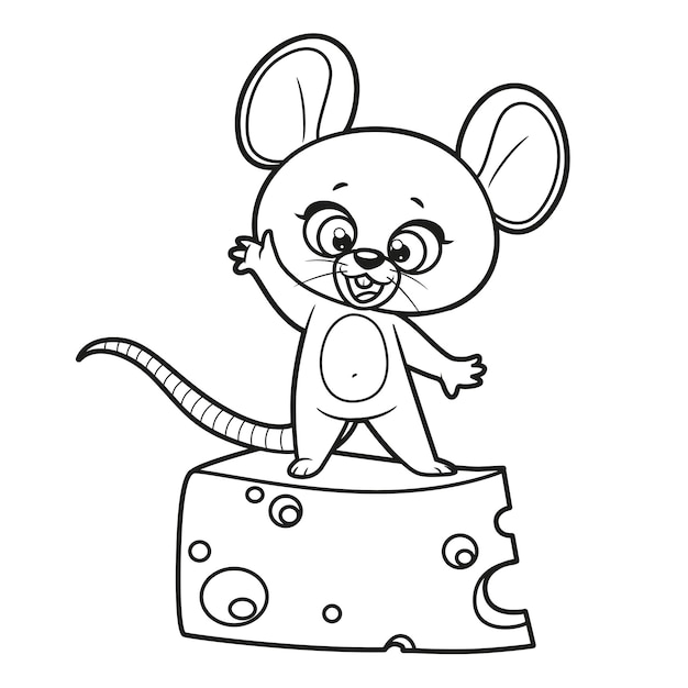 Premium vector cute cartoon mouse greets standing on a large piece of cheese outlined for coloring page on white background