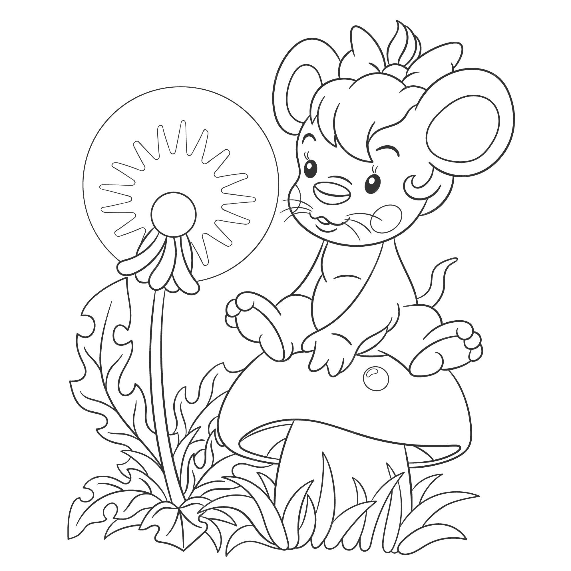 Premium vector baby mouse sitting on mushroom cartoon character coloring book page in line art style