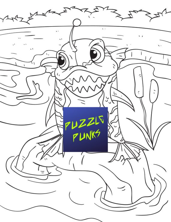 Fish monster printable coloring page