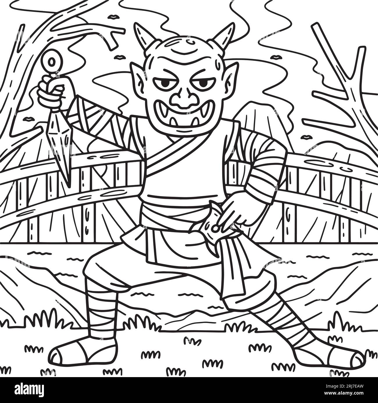 Ninja wearing oni mask coloring page for kids stock vector image art