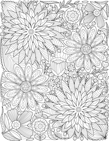 Premium vector assorted beautiful flowers pattern drawing is growing in the garden surrounded by vines different kind of pretty plants line drawing crawling on ground enclose leaves