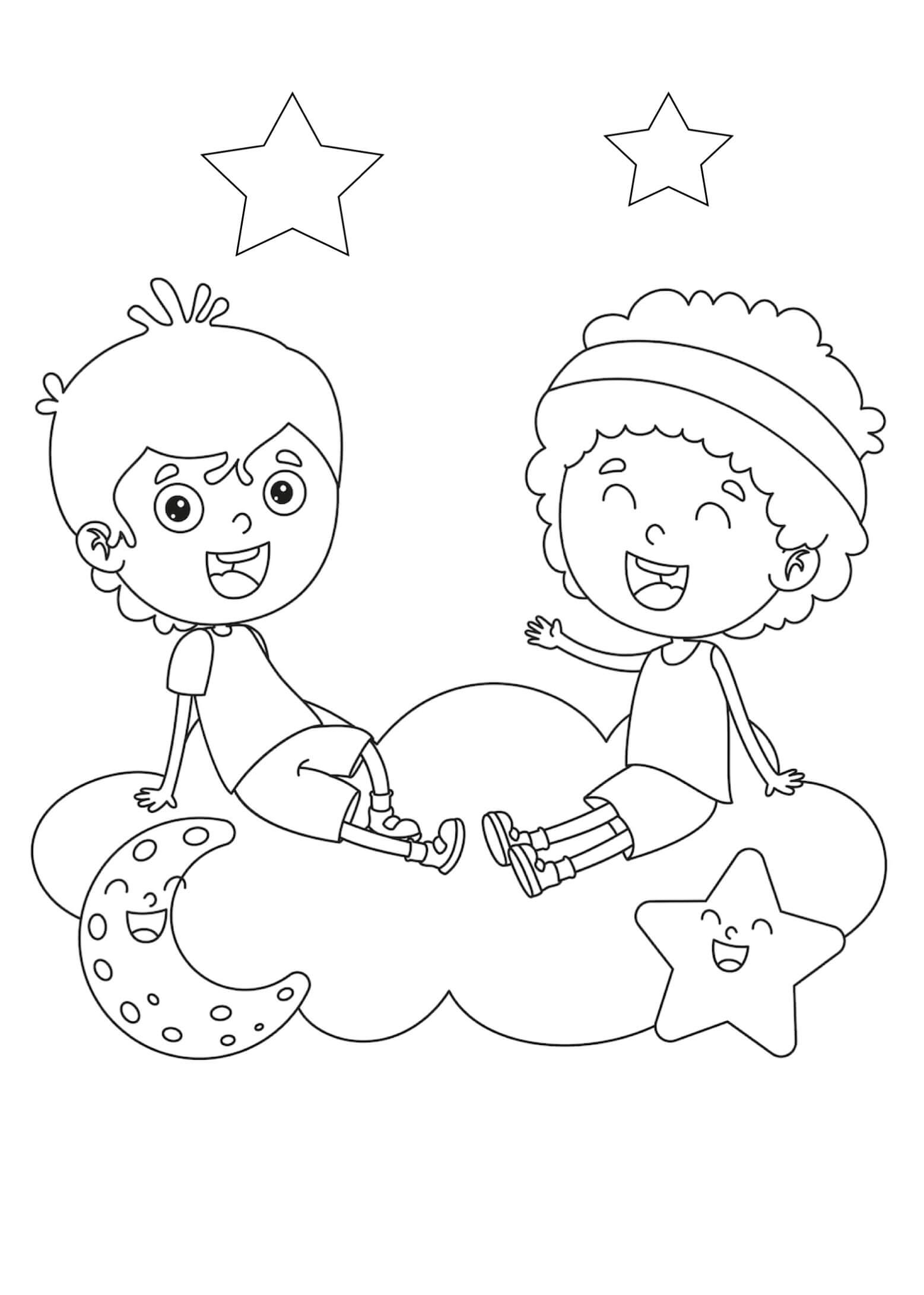 Fun two kids on cloud coloring page