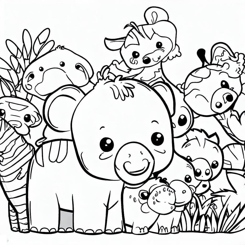 Cute zoo animals for kids coloring page