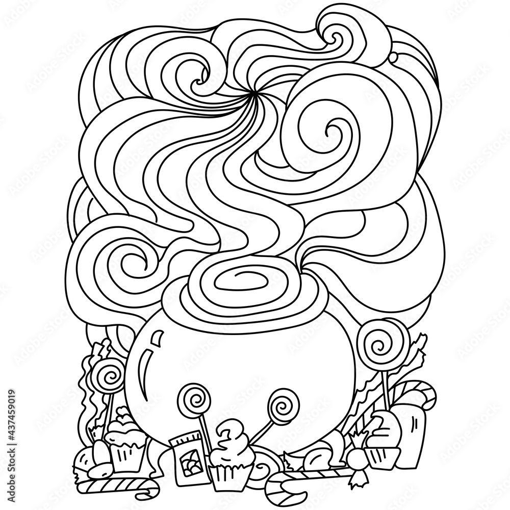 Halloween coloring page magic cauldron and sweets online for kids activity vector