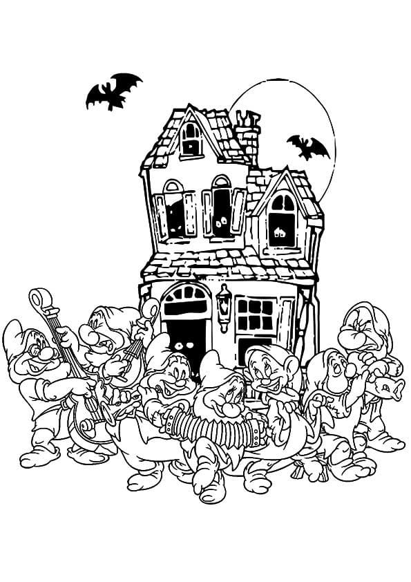 Seven dwarfs disney halloween coloring page