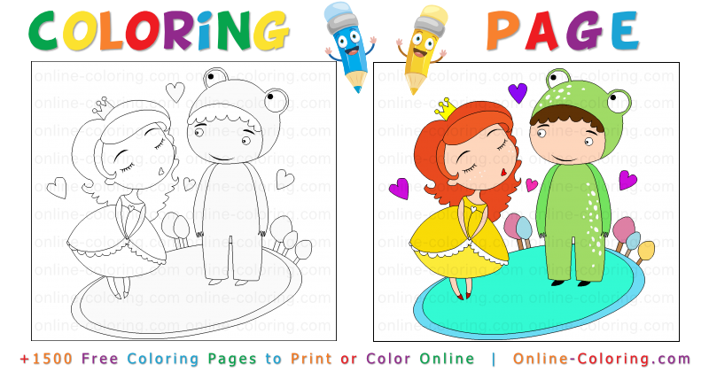 Princess and her friend dressed as a frog free online coloring page