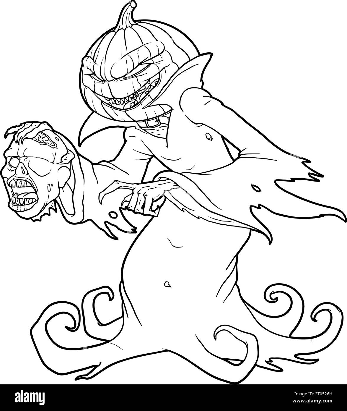 Scary halloween pumpkin monster holding a severed zombie head coloring page for kids and adult stock photo