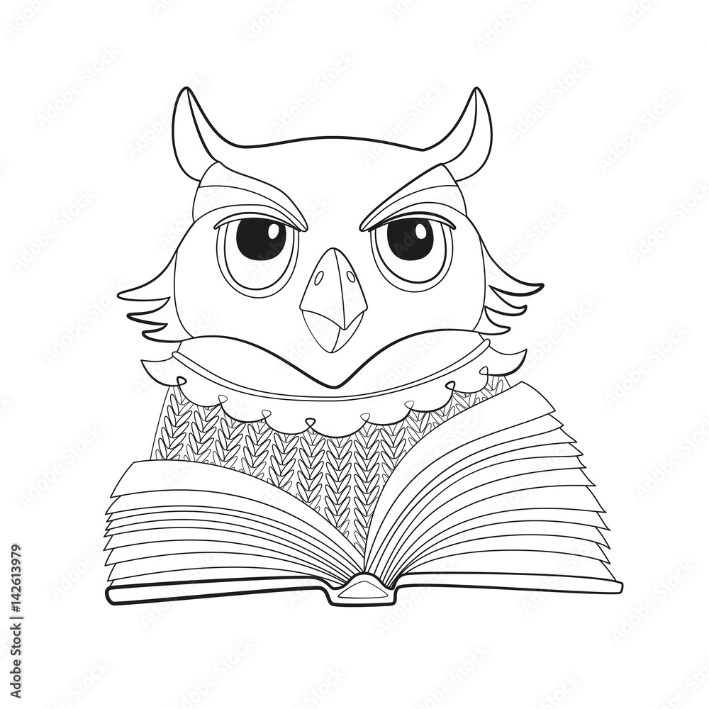 Vector illustration owl with open book outline isolated coloring page for kids vector