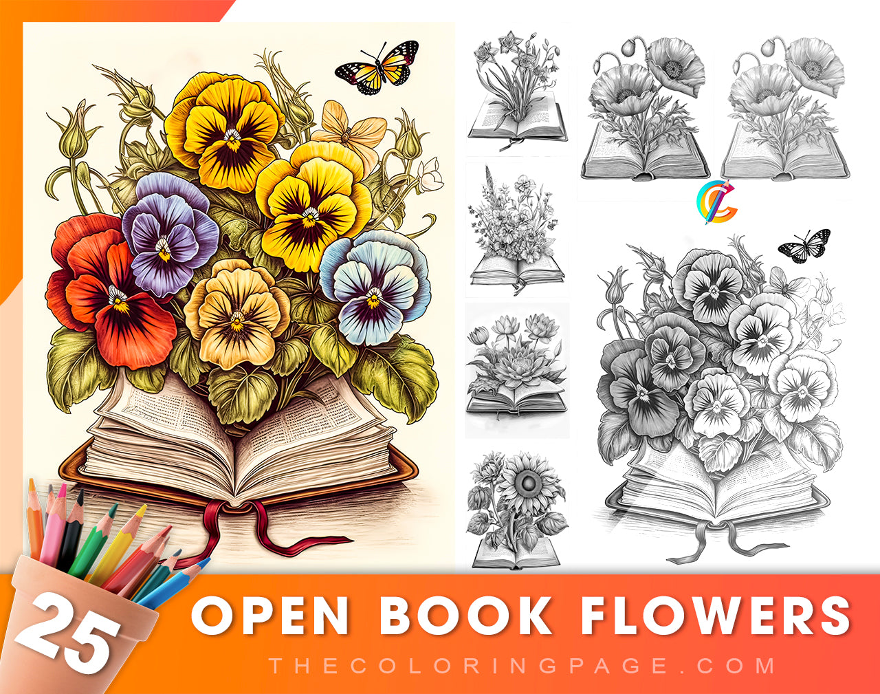 Open book flowers grayscale coloring pages