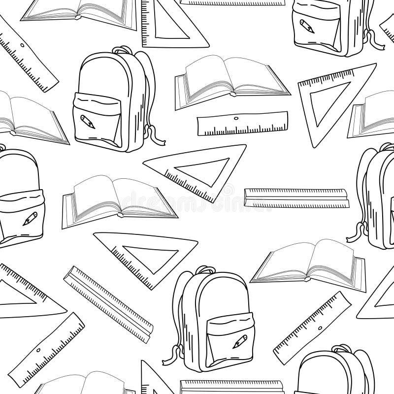 Outline seamless pattern with backpack ruler and open book coloring page for back to school vector illustration stock vector