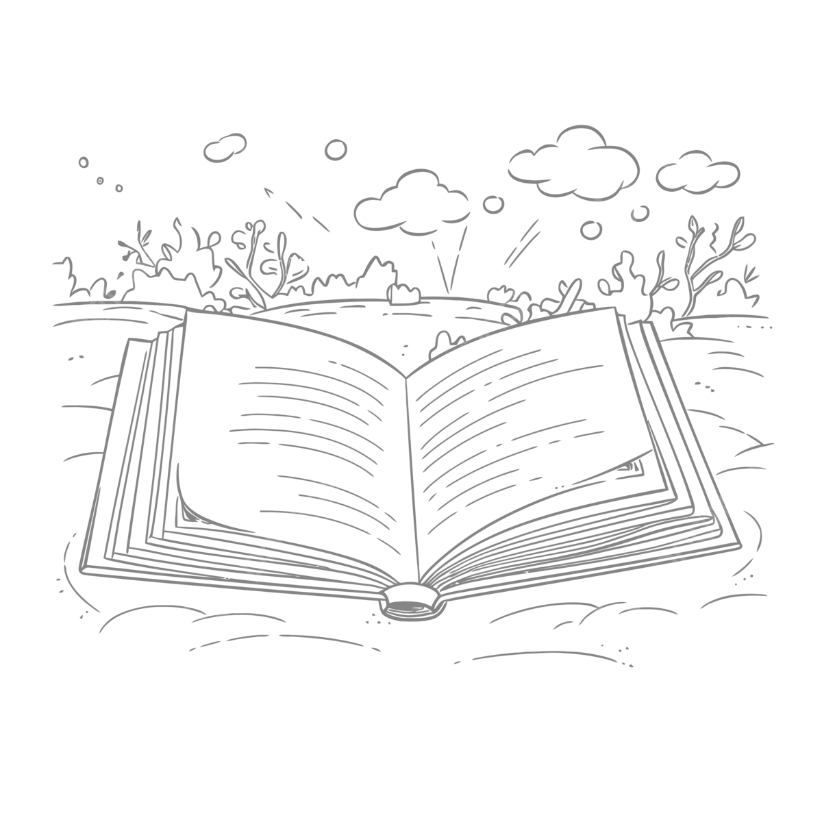 An open book coloring page with a tree and clouds outline sketch drawing vector cloud drawing tree drawing book drawing png and vector with transparent background for free download