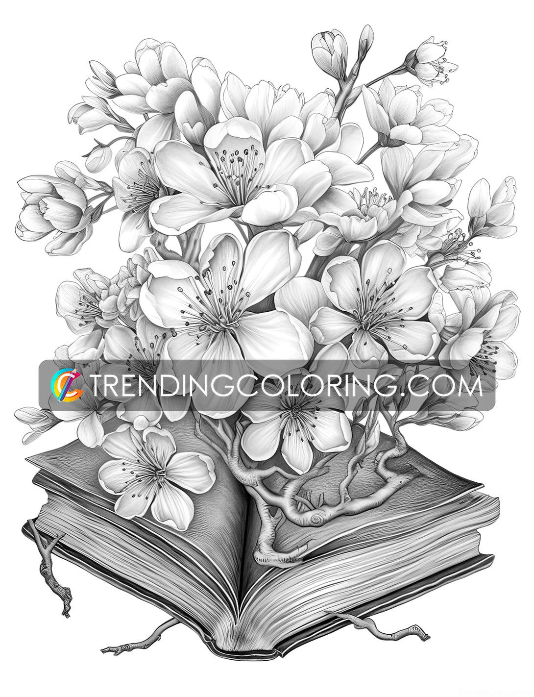 Open book flowers grayscale coloring pages