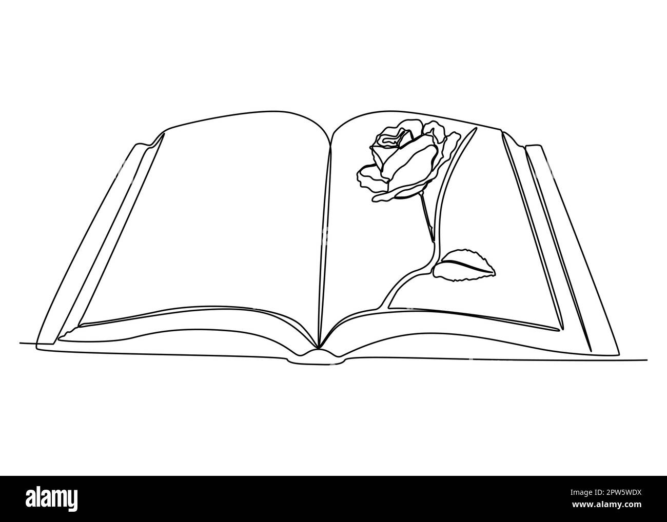 One continuous line of opened book with rose stock vector image art