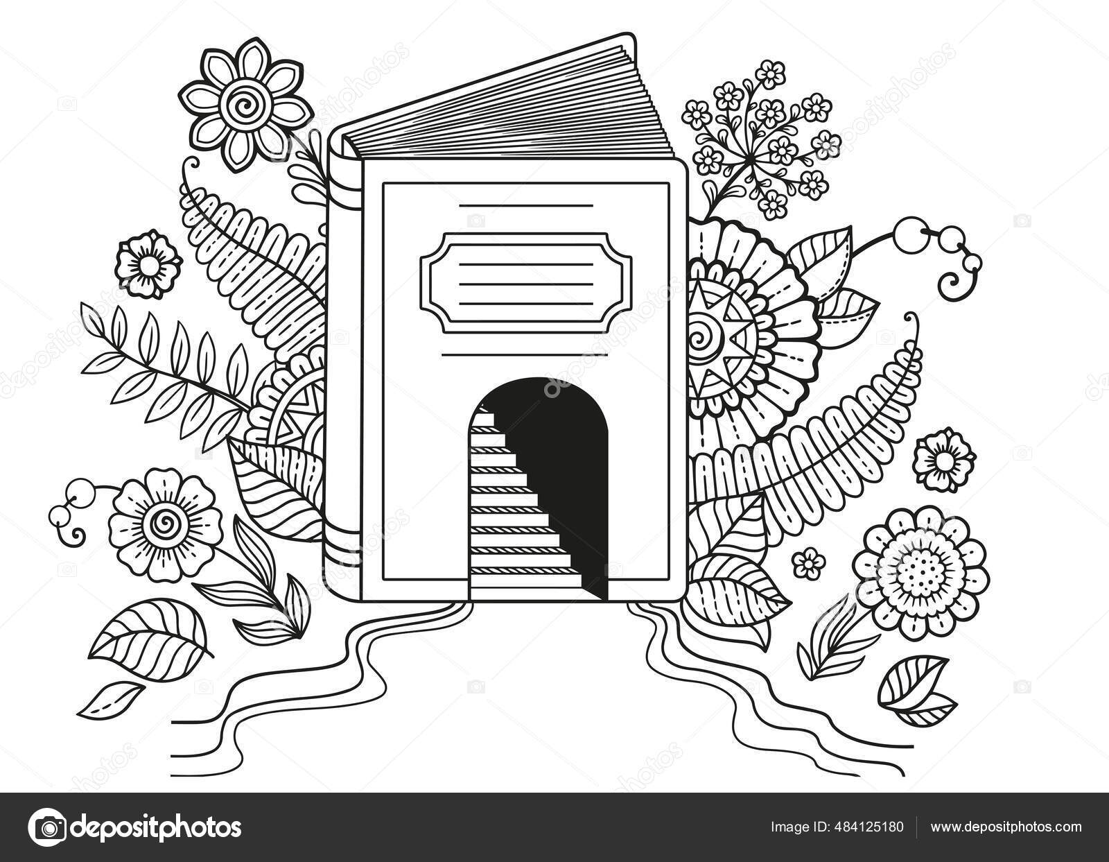 World book day black white coloring page adult opened book stock vector by natasha