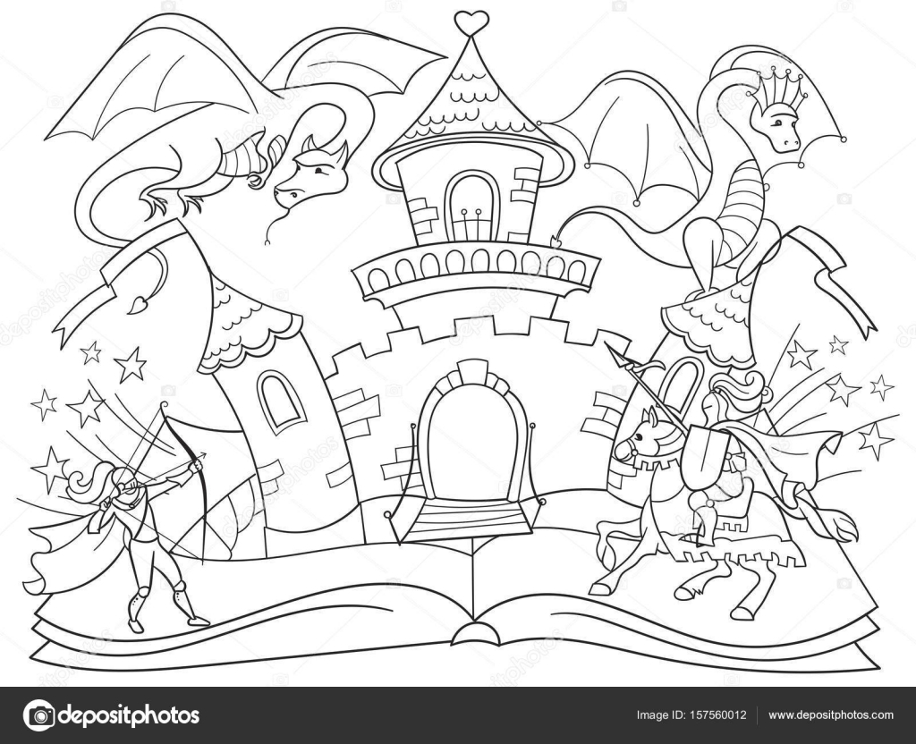 Coloring fairy open book tale concept kids illustration with evil dragon brave warrior and magic castle stock vector by toricheksgmail