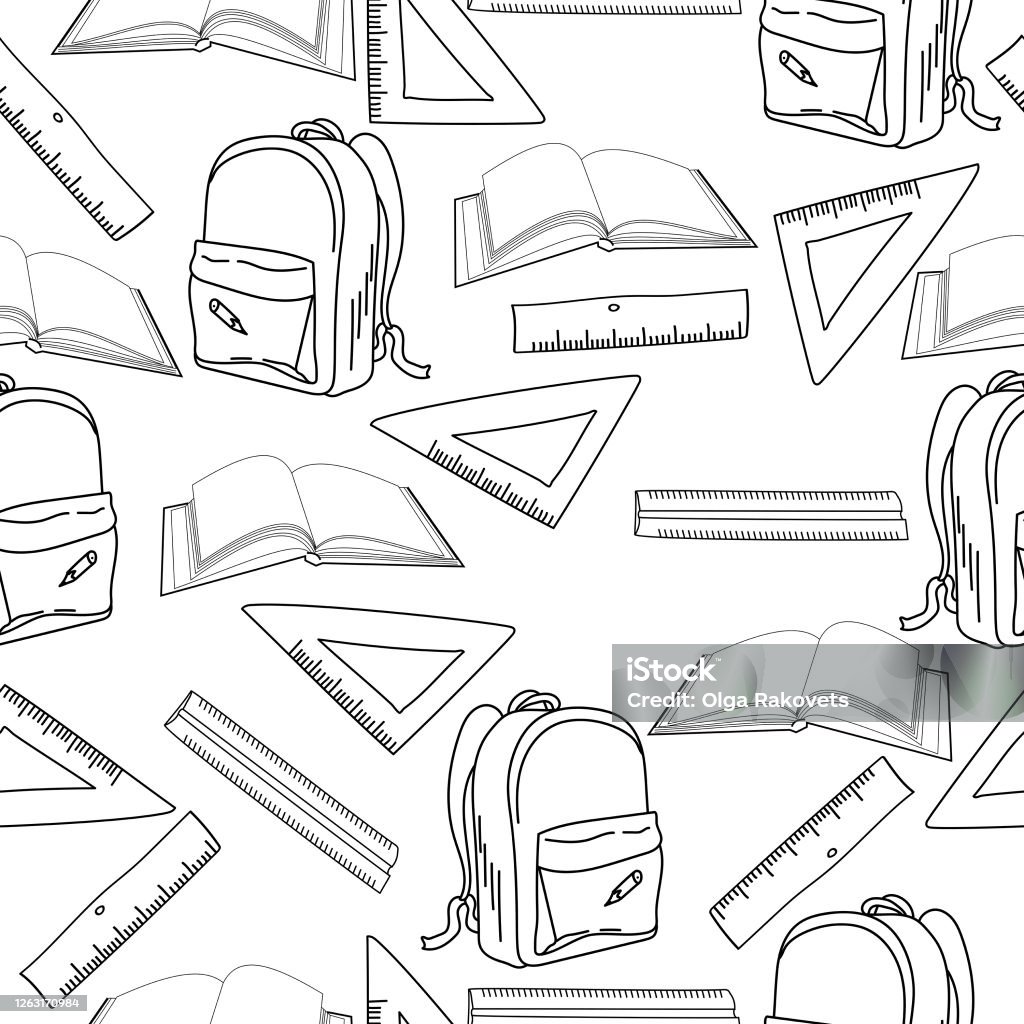 Outline seamless pattern with backpack ruler and open book coloring page for back to school vector illustration stock illustration