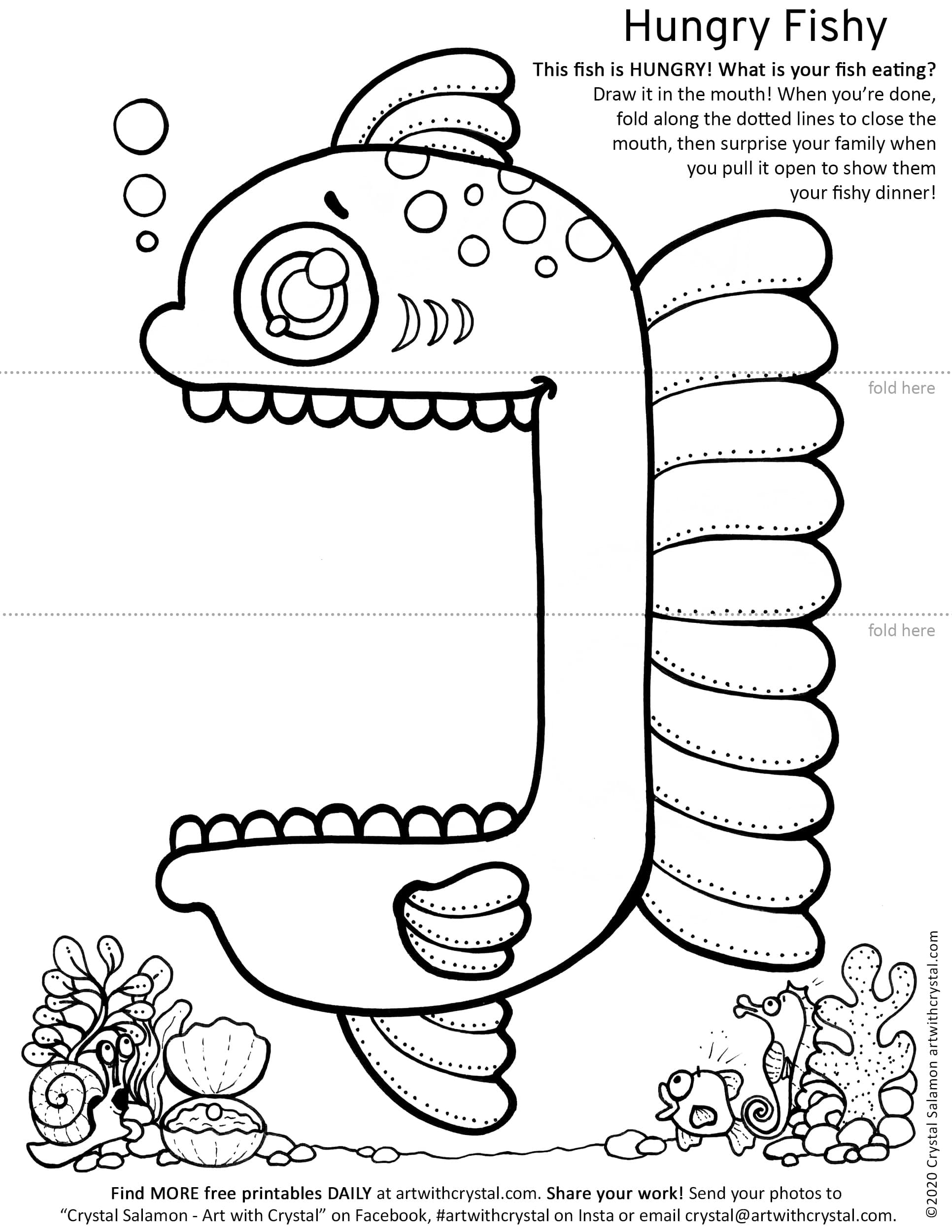 Hungry fish big mouth free printable colouring craft art with crystal