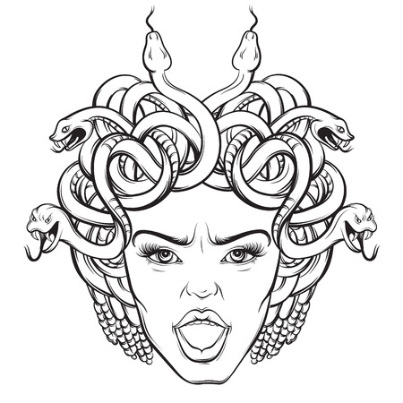 Vector illustration of angry gorgon with snakes and open mouth in hand drawn cartoon realistic style artwork hand sketched template for postcard banner poster placard print for t