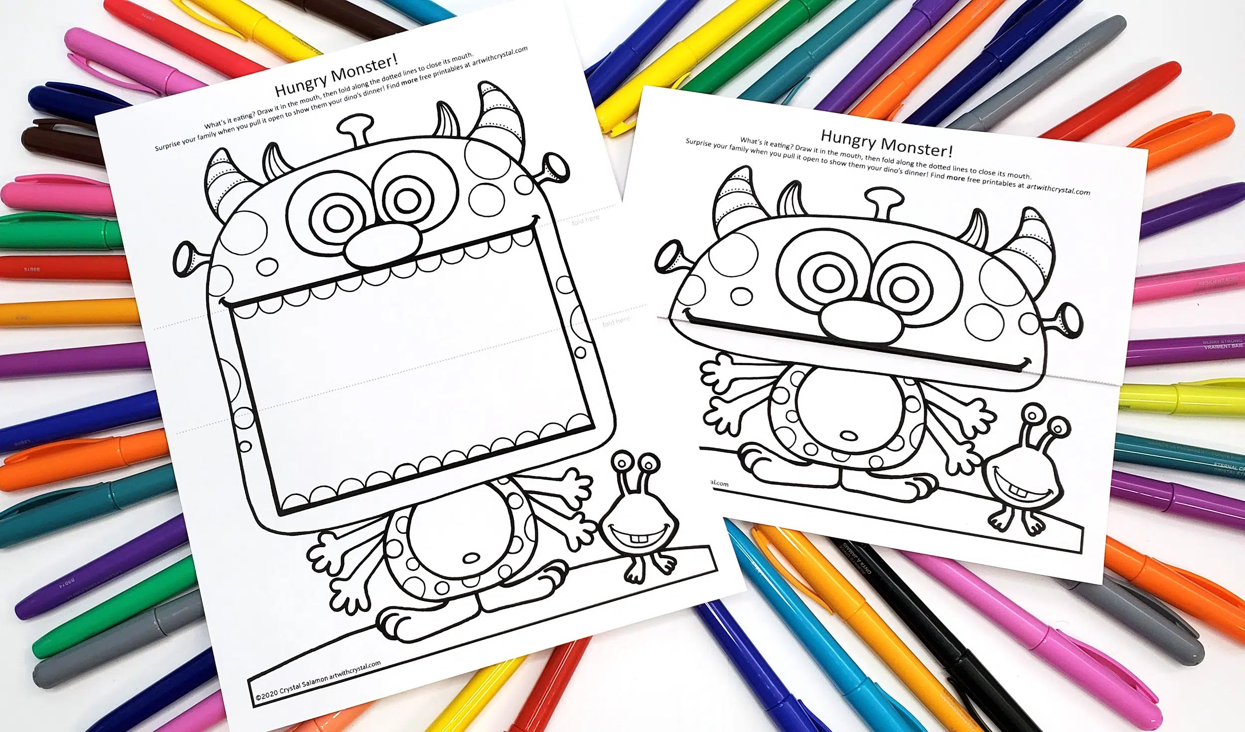 Big mouth monster colouring page free printable art with crystal