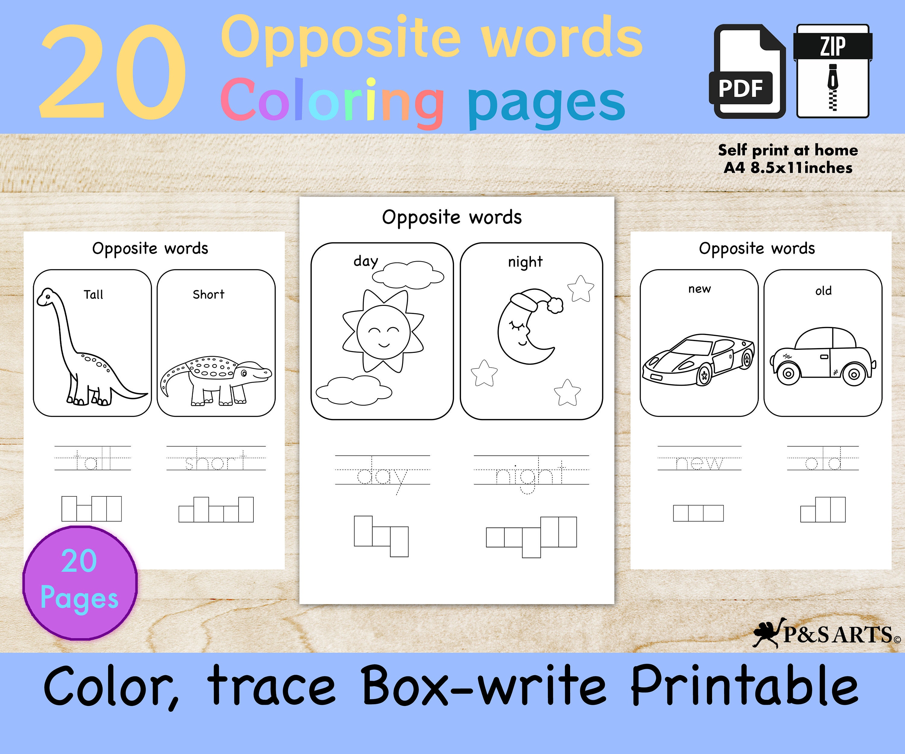 Learning opposite words worksheets printable cute coloring pages trace box write opposites for preschoolers