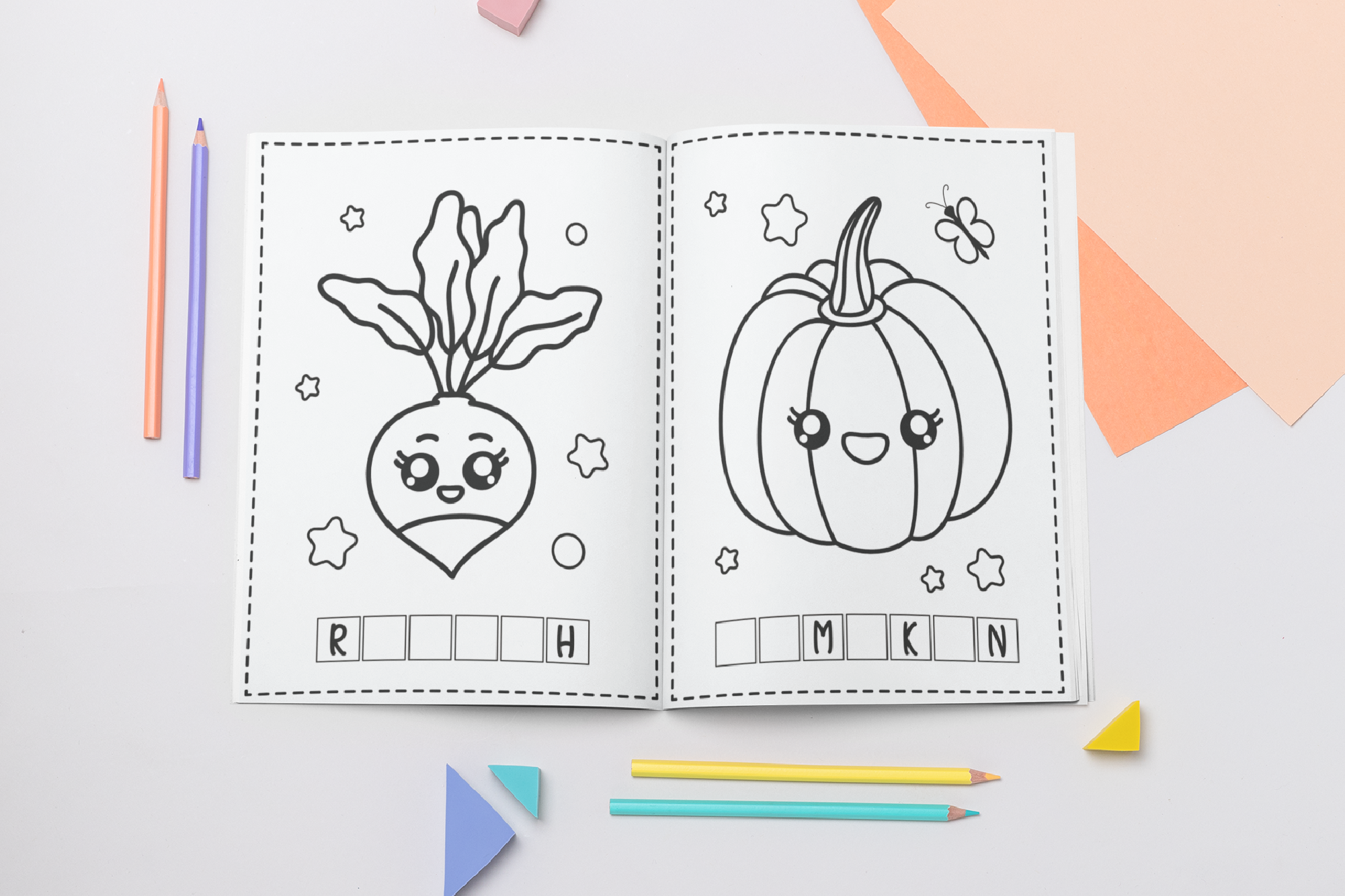 Funny cute kawaii vegetables kids activity coloring pages pdf by orange brush studio