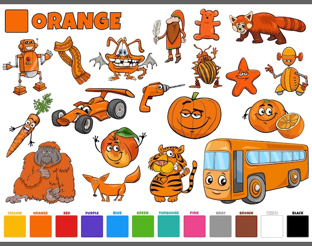 Premium vector set with cartoon characters and objects in orange