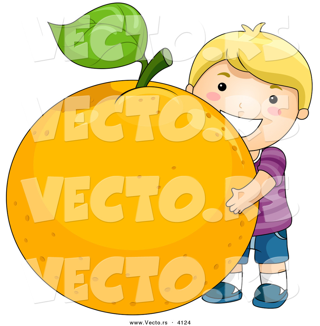 R of a happy cartoon boy hugging a huge orange