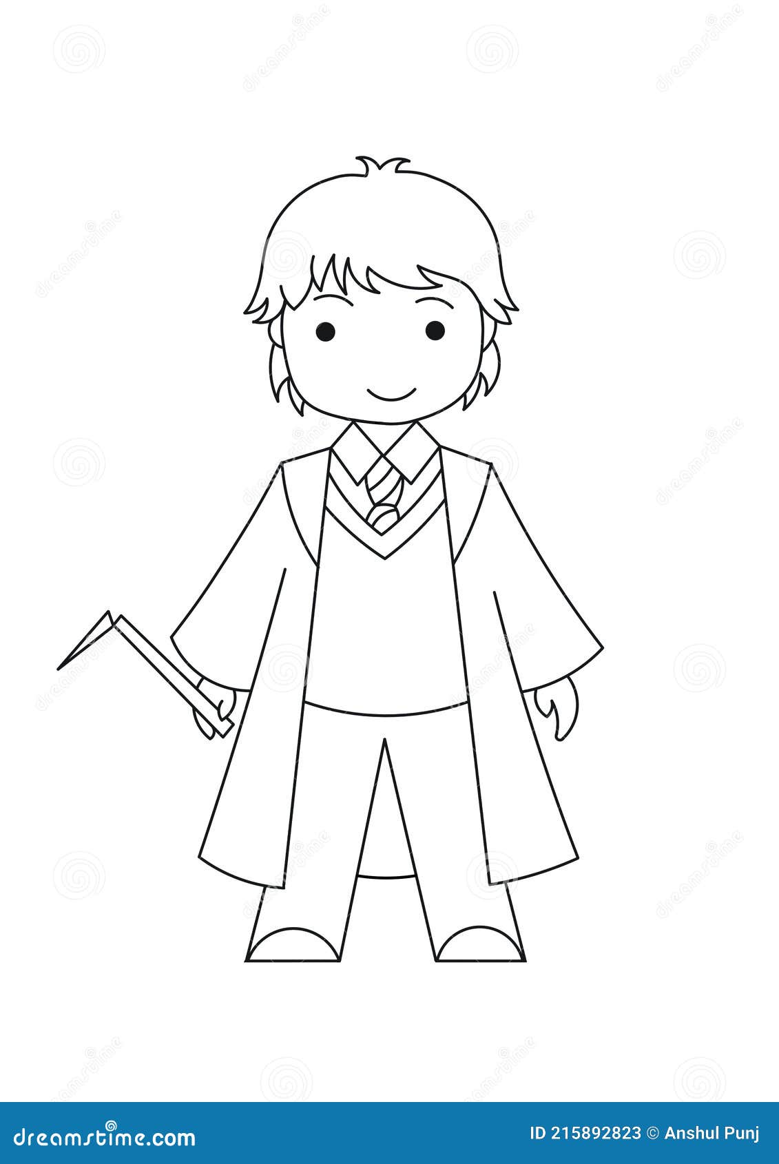 Cute little wizard with owl magic wand long coat boy wearing winter dress kid with orange hair latest coloring page for kids stock illustration