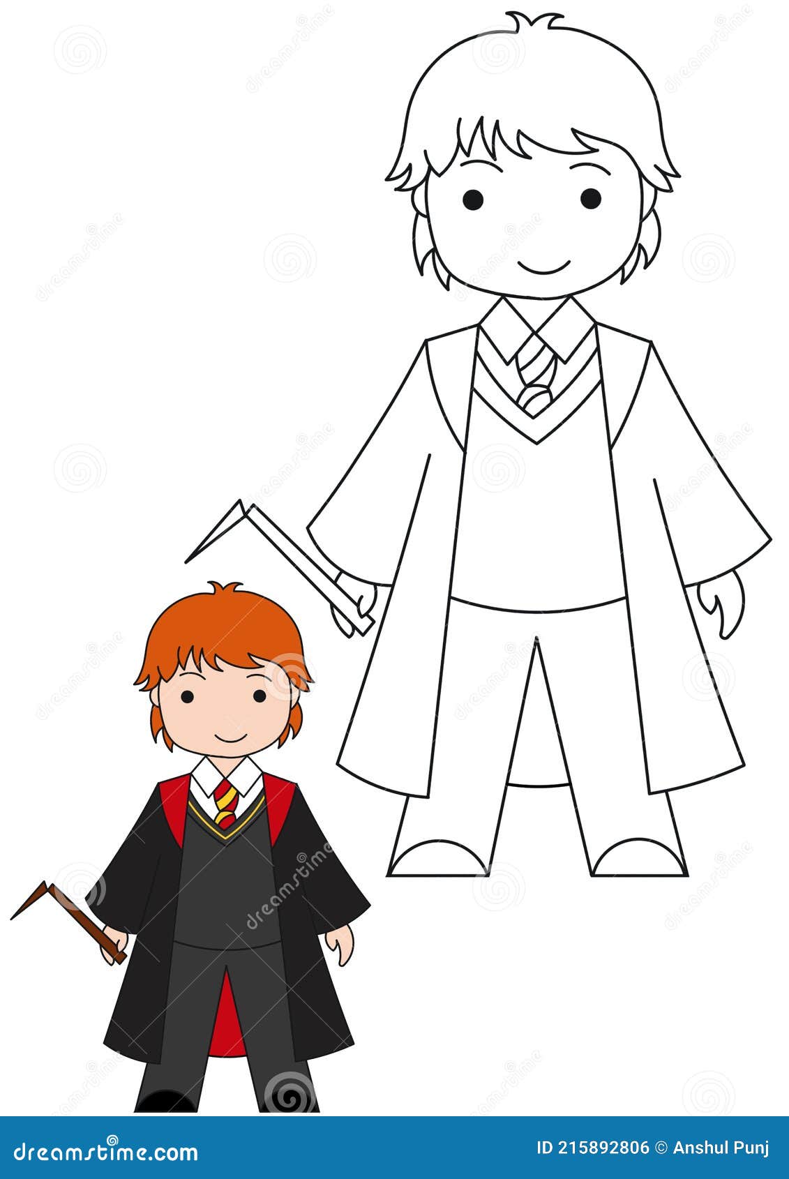Cute little wizard with owl magic wand long coat boy wearing winter dress kid with orange hair latest coloring page for kids editorial photo