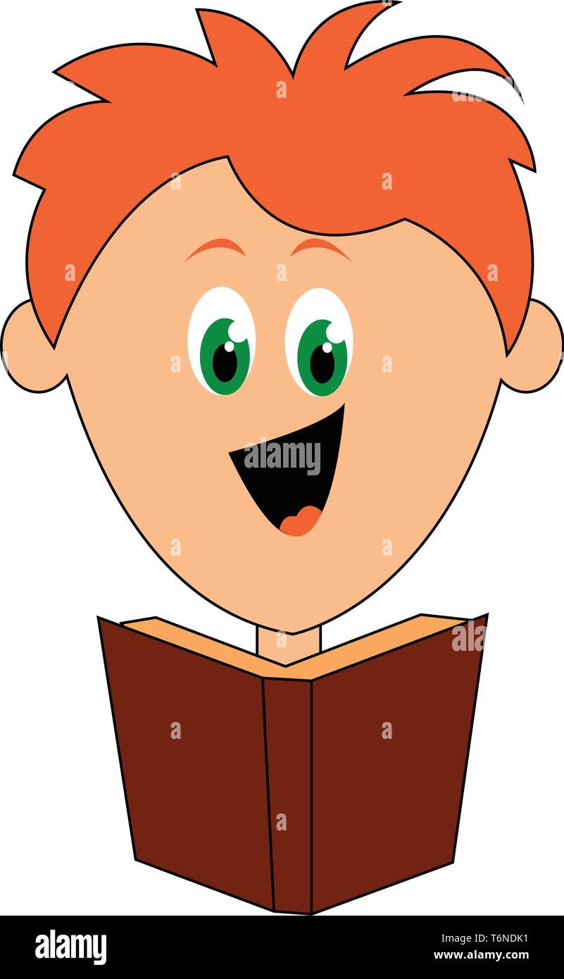 Cartoon boy with orange hair green eyes rolled down laughs with tongue stuck out while reading a brown book vector color drawing or illustration stock vector image art