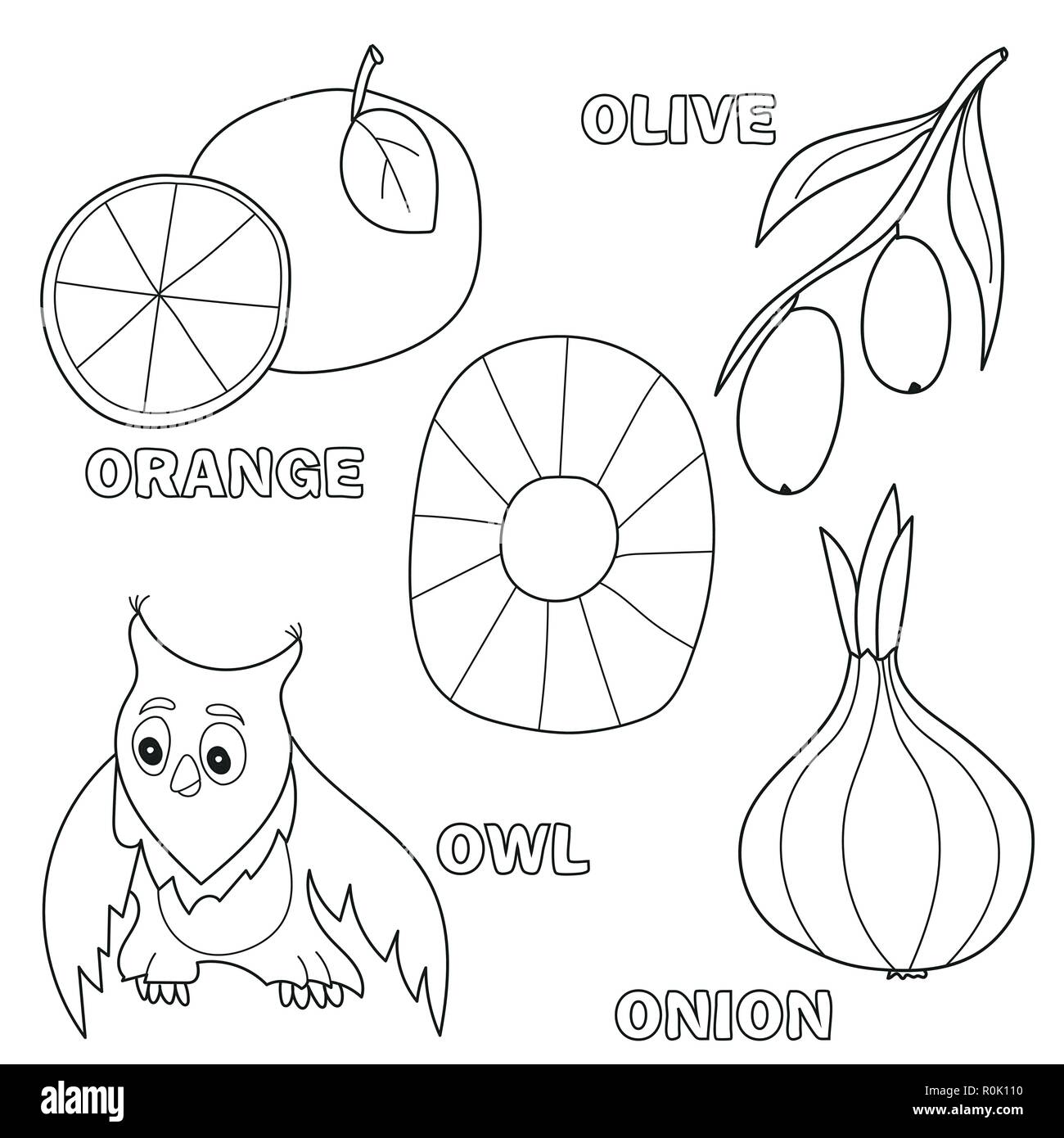 Kids alphabet coloring book page with outlined clip arts letter o stock vector image art