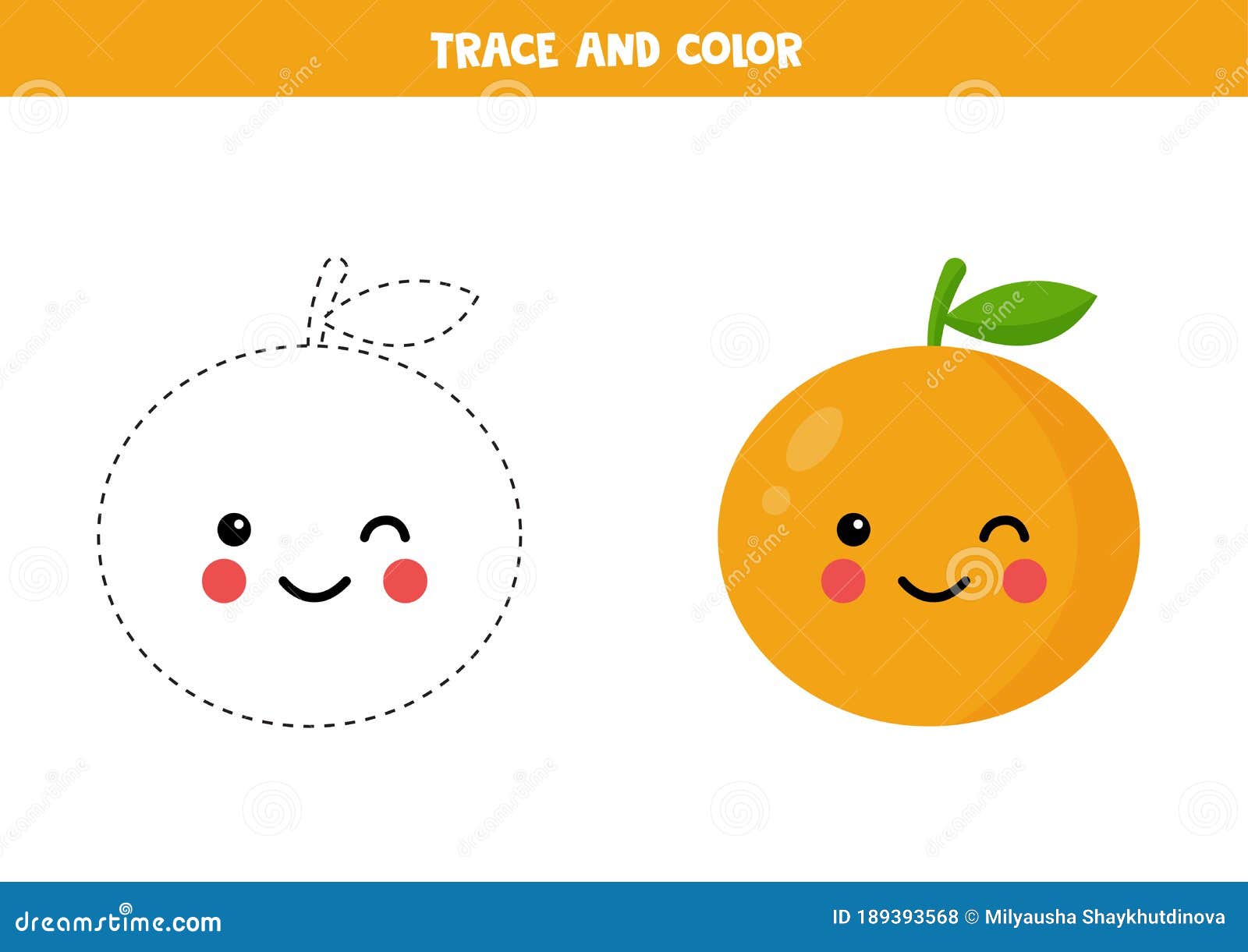 Trace and color cute kawaii orange educational worksheet stock vector