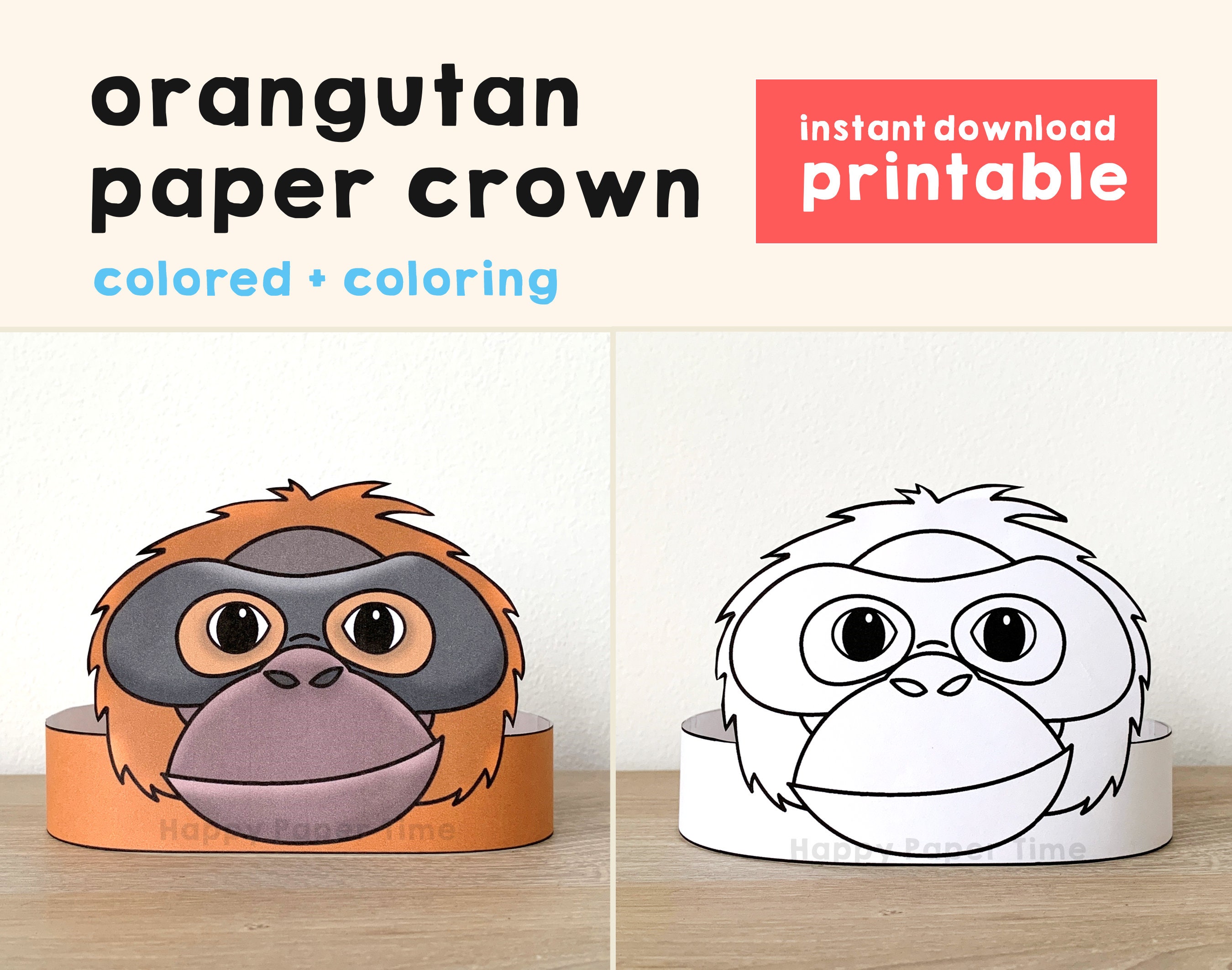Orangutan paper crown party coloring printable kids craft jungle birthday decor printable favor pdf costume diy printable instant download