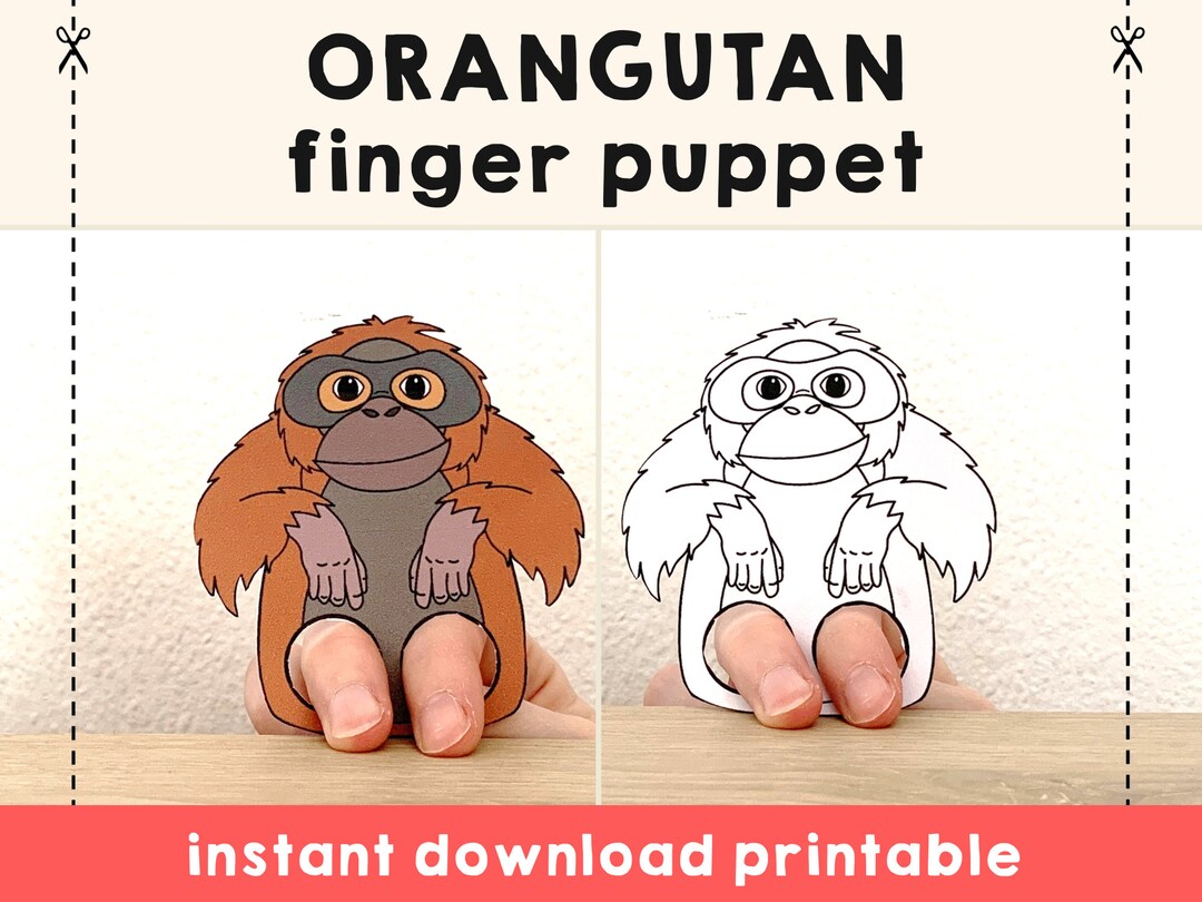 Orangutan paper craft printable asian animal finger puppet kids craft birthday party kids coloring puppet instant download