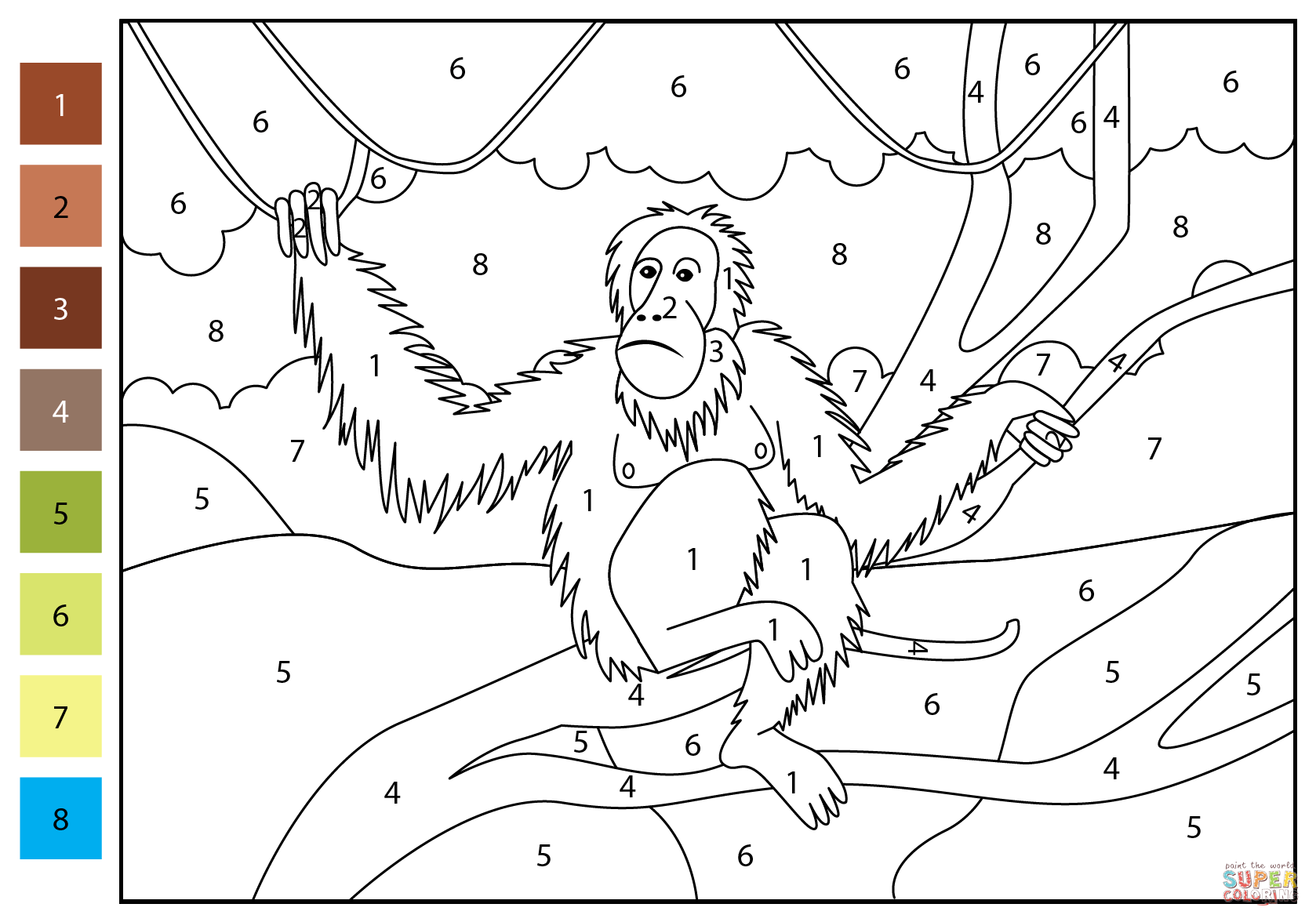 Orangutan color by number free printable coloring pages