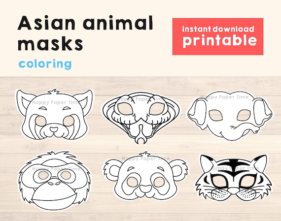 Asian jungle animal masks coloring craft activity for kids printable template panda cobra elephant orangutan tiger red panda download
