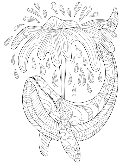 Premium vector sheet to be colored with large dolphin jumped out of the ocean waves colorless line drawing huge orca jumping from below the sea coloring book page