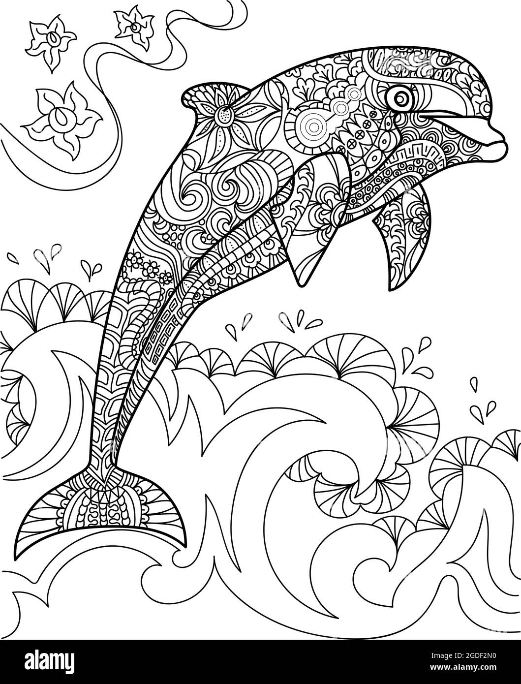 Large dolphin jumped out of the ocean waves colorless line drawing huge orca jumping from below the sea coloring book page stock vector image art