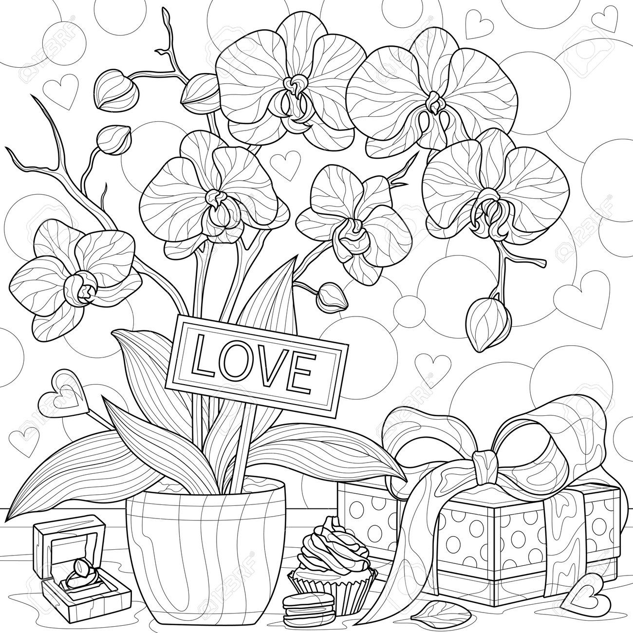 Orchid with a gift and a wedding ring on the tablecoloring book antistress for children and adults royalty free svg cliparts vectors and stock illustration image