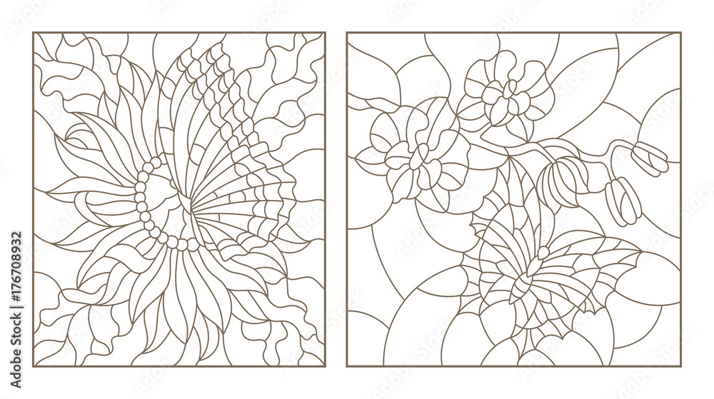 Set contour illustrations of the stained glass with butterflies and flowers orchid and aster butterfly black contour on white background vector