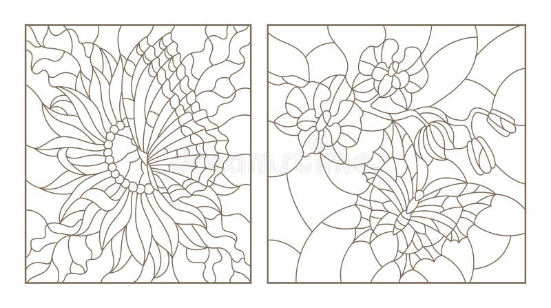 Contour set with illustrations of the stained glass with butterflies and flowers orchid and aster butterfly black contour on whi stock vector