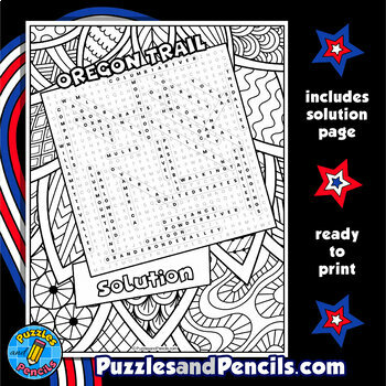 Oregon trail word search puzzle activity page with coloring oregon history