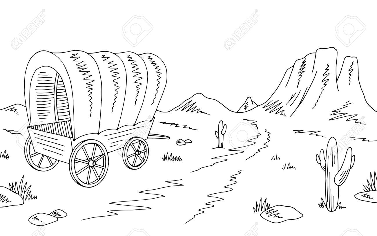 Prairie covered wagon graphic black white american desert sketch landscape illustration vector royalty free svg cliparts vectors and stock illustration image