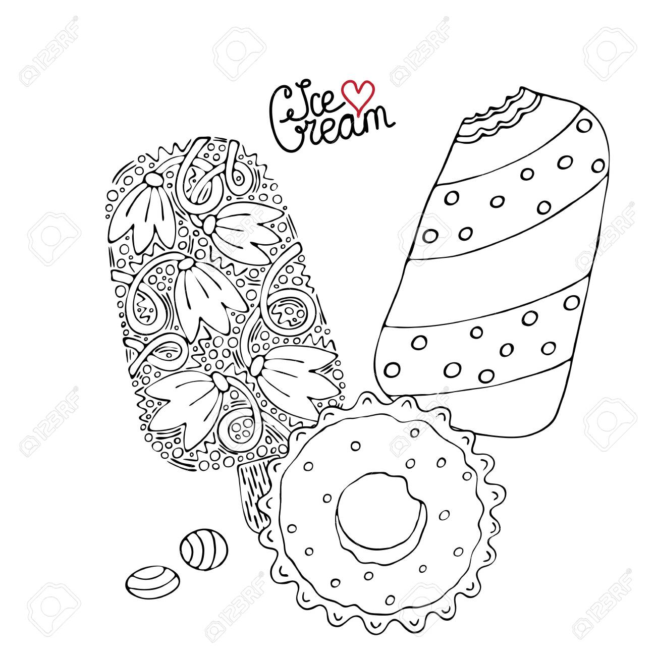 Coloring page with cake cupcake candy and other dessert sweet dessert coloring book vector isolated dessert royalty free svg cliparts vectors and stock illustration image
