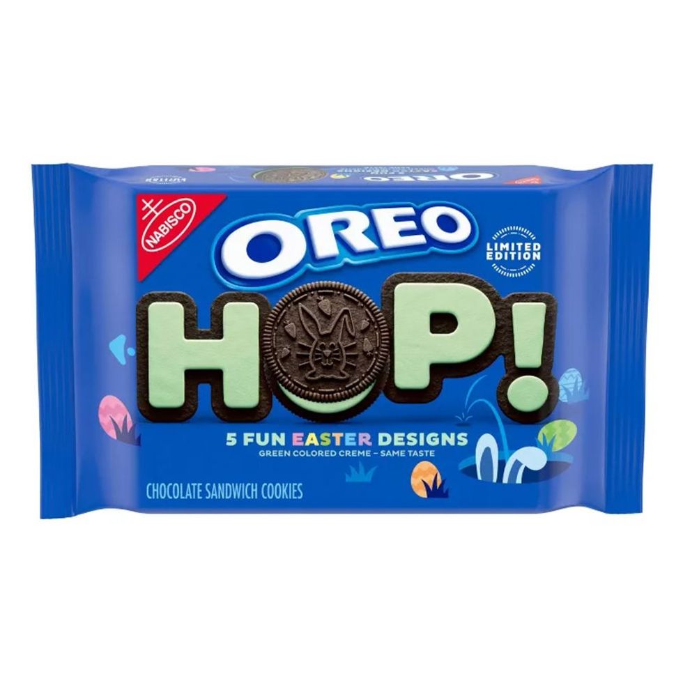 Oreos new easter cookies are filled with pastel green creme and feature festive designs