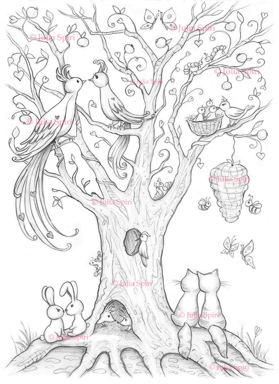 Coloring page digital stamp digi nature forest animals birds bees rabbits whimsy crafting scrapbooking black white tree of love